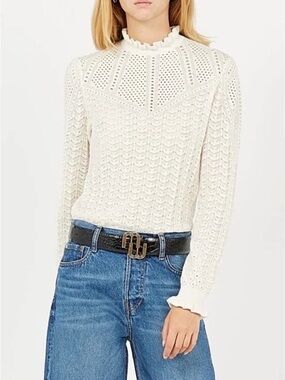 Maje Ecru Pointelle Knit Ruffle Mock Neck Sweater Size 1 Parisian Coquette